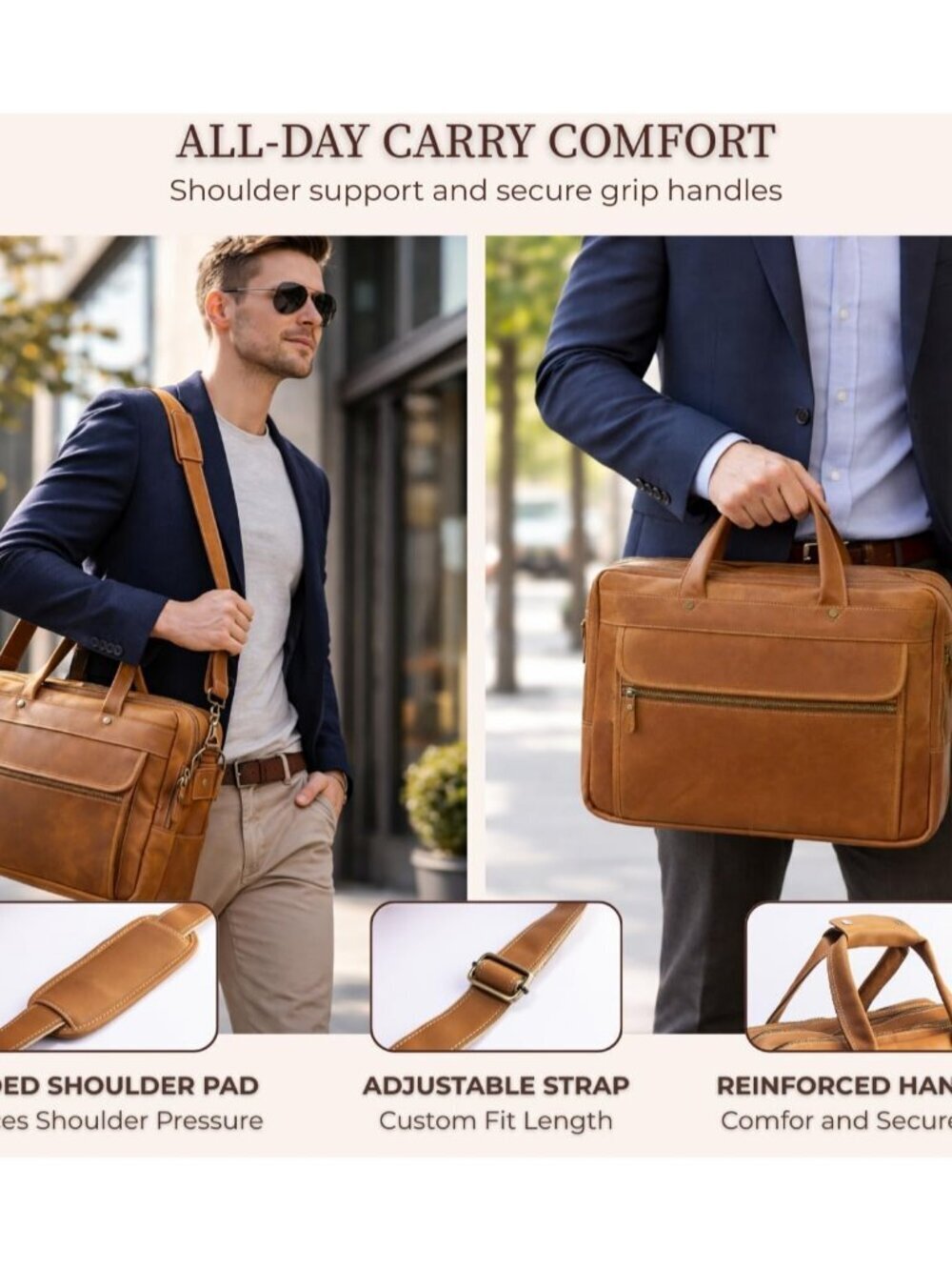 Men's Tan Genuine Leather Vintage Adjustable Strap Stylish Messenger Hand Bag - Picture 5 of 6